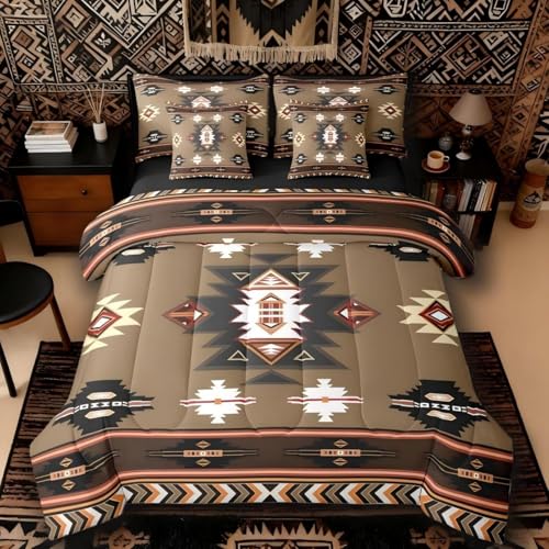 Erosebridal Western Bed in a Bag Queen Comforter Set 7-Piece - Southwest Native Geometric Bedding Sets Exotic Nordic Style Aztec Comforter and Sheet Set, Sriped Diamond Triangle Room Decor,Brown