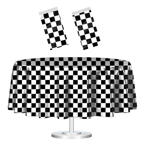 HEIPINIUYE 2 Pack Black and White Round Checkered Tablecloth 84 ??84 Table Cover Disposable Tablecloth for Round Tables Race Car Theme Party Birthday Picnic Camping Checkered Round Plastic Table Cloth