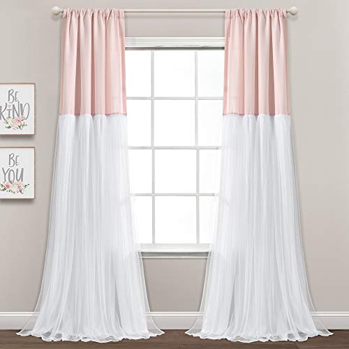 "Lush Decor Tulle Skirt Colorblock Window Curtain Panel Pair, 84"" L x 40"" W, Blush & White"