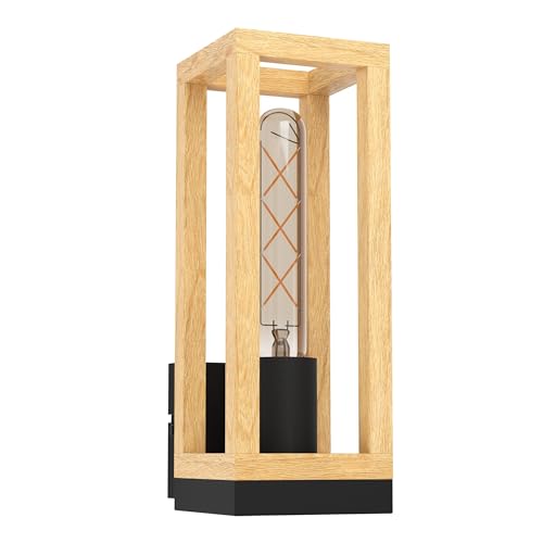 Eglo Wall Light Nafferton, Rectangular Indoor lamp, FSCM70HB, Living Room and Hallway Lighting Fixture Made of Black Metal and Natural Wood, E27 Socket