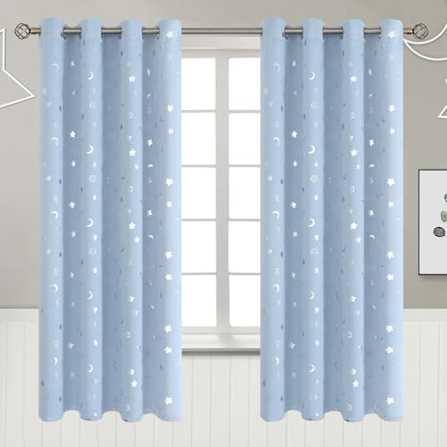BGment Kids Curtains for Bedroom 72 Inch Length, Nursery Star and Moon Blackout Curtains for Boys, Decoration Thermal Insulated Room Darkening Window Curtains for Girls Babys, Spa Blue, 52 Wide