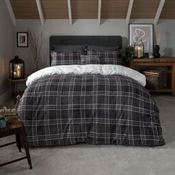 Sleepdown Check Printed Flannel Fleece With Sherpa Reverse Thermal Warm Cosy Super Soft Duvet Cover Quilt Bedding Set with Pillow Cases - King (220cm x 230cm) - Grey, 5056242827405