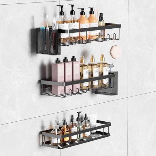 Shower Shelf No Drilling, 5 Pieces Bathroom Shelf Rust Proof Bathroom and Kitchen Storage with Hooks, Large Capacity Wall Shelf with 2 Side Storage Boxes ??? Black