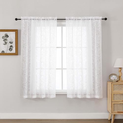 OVZME White Sheer Curtains 54 Inch Length 2 Panels, Soft Airy Light Filtering Breathable Leaf Clip Jacquard Textured Short Drapes for Bathroom Bedroom Windows, Dual Rod Pocket, 2x42Wx54L Inches
