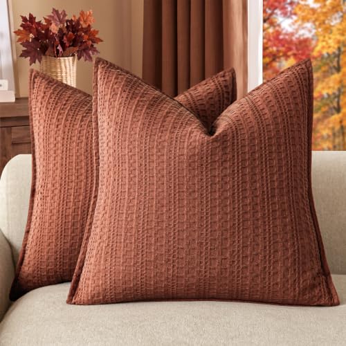 Foindtower Set of 2 Decorative Cotton Waffle Weave Throw Pillow Cover Euro Shams Cushion Covers Accent European Pillowcase For Bed Couch Sofa Bedroom Living Room Home Decor 26??26 Inch Fall Rust Orange
