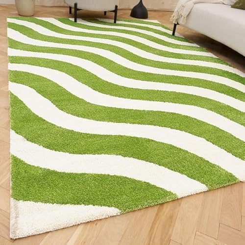 THE RUGS Joli Area Rug - Soft Dense Pile Modern Artistic Design, Durable & Easy Care Carpet for Living Room & Bedroom - Striped Green & White, 120 x 170 cm