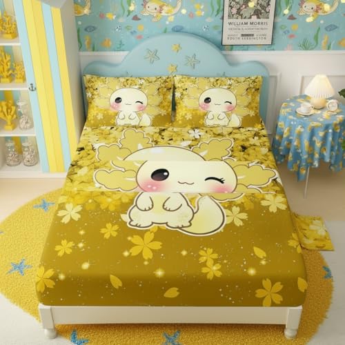 QOOMO Cartoon Animals Kids Sheet Set Full Size,Kawaii Axolotl Print Bedding Set Lightweight All Seasons,Yellow Sets for Room Decoration,1 Fitted Sheet,1 Flat Sheet,2 Pillow Cases