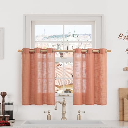 LAMIT Small Window Linen Curtains 36 inches Long, Light Filtering Linen Textured Bronze Grommet Soft Semi Sheer Drapes for Half Windows/Bathroom, 2 Panels, Terracotta, 34 x 36 Inch