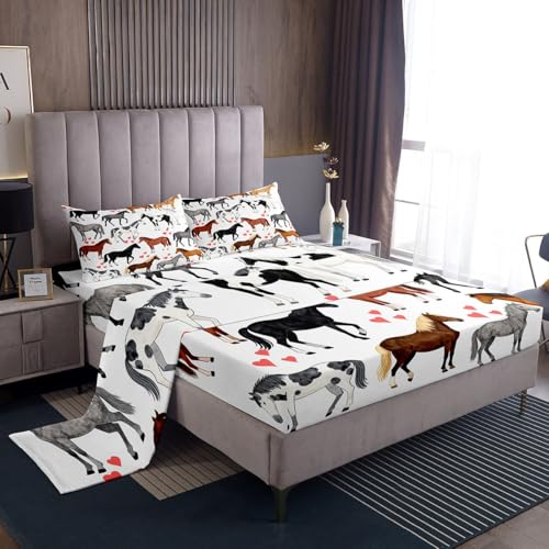 Erosebridal Horse Sheet Set Twin Farm Fitted Sheet Kids Boys Girls Teens Cute Animal Flat Sheet Cartoon Horses with Pink Lover Heart Decor Kawaii Top Sheet Cowboy Cowgirls Bed Sheet Set 3Pcs