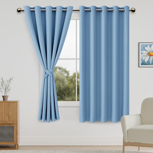 DWCN Blackout Curtains for Bedroom with Tiebacks - Room Darkening Privacy Grommet Top Window Curtains for Living Room, 60 x 63 inch Length,Light Blue,Set of 2 Panels