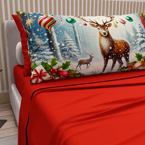 PETTI Italian Artisans - Cotton Sheets with Christmas Digital Print Pillowcases, French Queen Size Christmas Sheets, Christmas Bed Set, Xmas 4 Red, 100% Made in Italy