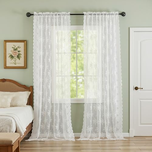 Kotile Ivory Lace Curtains 96 Inches Long 2 Panels, Country Rustic Floral Design Scalloped Lace Curtain Panels for Living Room, Rod Pocket Privacy Sheer Lace Curtains, 42 x 96 Inch Each, Ivory