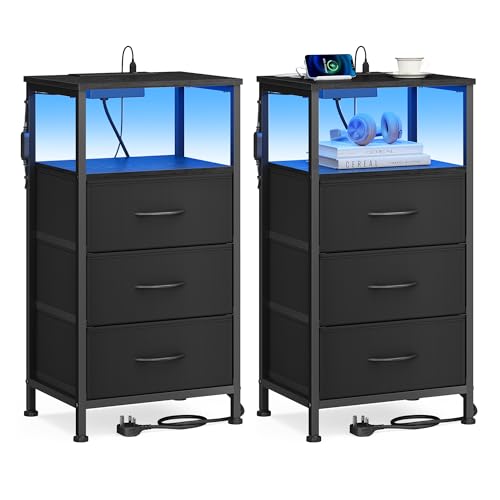 SONGMICS BELLAH Collection - Bedside Table with Charging Station, Side End Table with App-Controlled Adjustable LED Lights, Modern, 1 Shelf, 3 Drawers, Set of 2, Ink Black LGS203B103