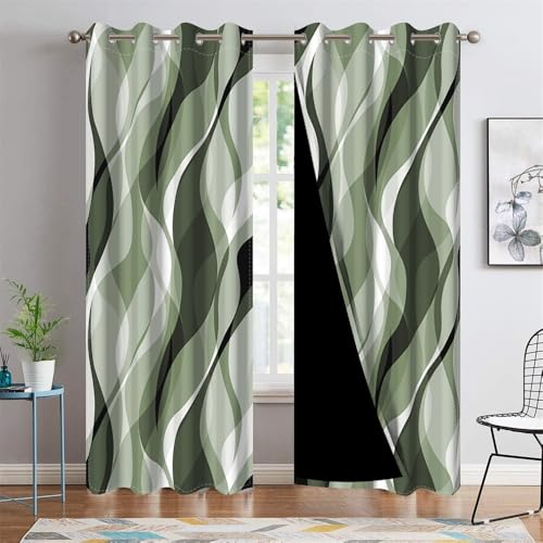 DORCEV Green Wave Lines Window Curtains Abstract Art Aesthetic Gradient Sage Green Blackout Curtains Geometric Thermal Insulated Room Darkening Window Drapes Kitchen Curtains,42x108 inch,2 Panels