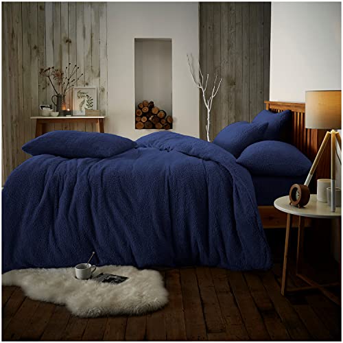 GC GAVENO CAVAILIA Teddy Duvet Cover Double - Fleece Bedding Set with Pillowcases - Navy