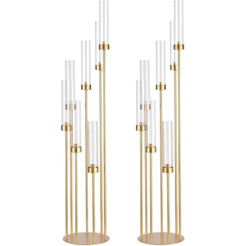 "2 Pcs Gold 7 Arm Candle Holders for Weddings Metal Candlesticks with Acrylic Shade for Theme Party Centerpieces Wedding Holiday Birthday Party (48"") for Candles"