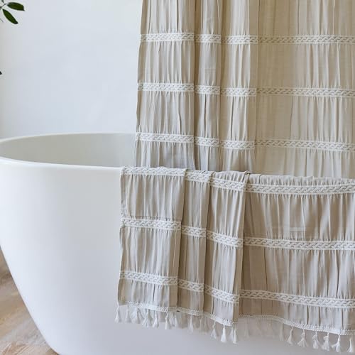 Siiluminisoy Neutral Shower Curtain Boho Farmhouse Shower Curtain Rustic Striped Cotton Blend Thick Fabric Shower Curtains for Country Bathroom Decor, 72 x 72