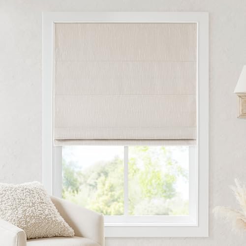 "Madison Park Cordless Roman Shades, Total Blackout Window Blind Privacy Window Shades, Thermal Insulated Cordless Window Treatment for Bedroom, Living Room, Quincy, Single Panel 31"" W X 64"" H Linen"