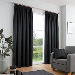 Fusion Pencil Pleat Curtains – Black – W46 x L54 (117 x 137cm) – 100% Cotton – Thick Weave – Thermal & Soundproof Drapes – 2 Panels – Pleated Black Curtains for Bedroom/Living Room – Classic Style