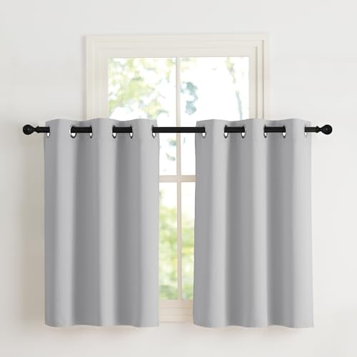 NICETOWN Opaque Kitchen Curtains with Eyelets Set of 2 H90 x W107 cm Light Grey Window Curtains Short Thermal Curtains