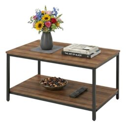 Relaxdays coffee table, with shelf, engineered wood & steel, brown/black
