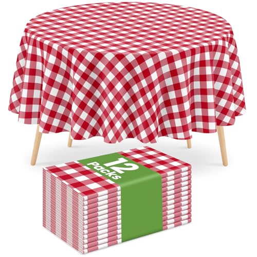 Mulbozy 12 Pack Red Checkered Tablecloth 84 Inches Round Red Gingham Tablecloth Disposable Plastic Waterproof Table Cover for Outdoor Picnic, Kitchen, Holiday Birthday Party
