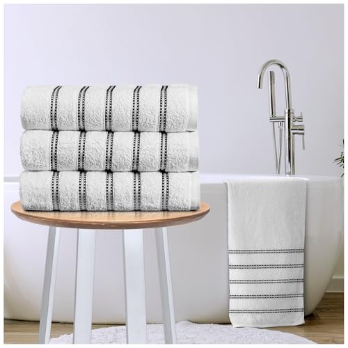 GC GAVENO CAVAILIA Striped White Hand Towels 50x90Cm - 3Pack Hand Towels For Bathroom Fast Dry & Highly Absorbent 600 GSM Towel Set - Super Soft, Hotel Quality Cotton Towels Sets For Spa Gym