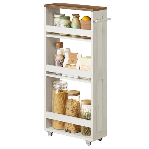 VASAGLE 4-Tier Slim Storage Trolley, Kitchen Trolley with Wheels, Handle, Small Space, 15 x 43.2 x 86.5 cm, Bathroom, Laundry Room, Rustic White and Honey Brown LRC050K01