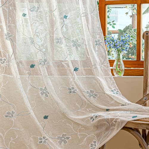 AmHoo 2 Panels Linen Floral Leaf Embroidered Semi Sheer Curtain Farmhouse Voile Curtains for Living Room Bedroom Window Treatment Teal 52 x 63 Inch