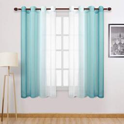 DWCN Ombre Sheer Curtains - Faux Linen Semi Voile Gradient Grommet Top Girl's Bedroom and Living Room Drapes, Set of 2 Window Curtain Panels, 52 x 72 Inch Length, Teal