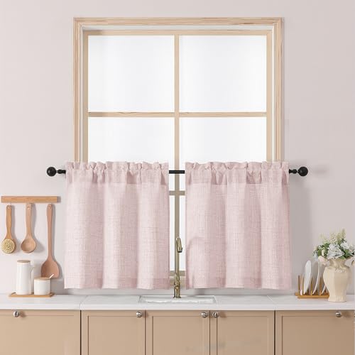 Chyhomenyc Blush Pink Kitchen Curtains 24 Inch Length, Light Filtering Textured Small Half Window Cafe Curtain, Short Curtains for Cabinet Bathroom Basement RV Camper, 30Wx24L, 2PCS