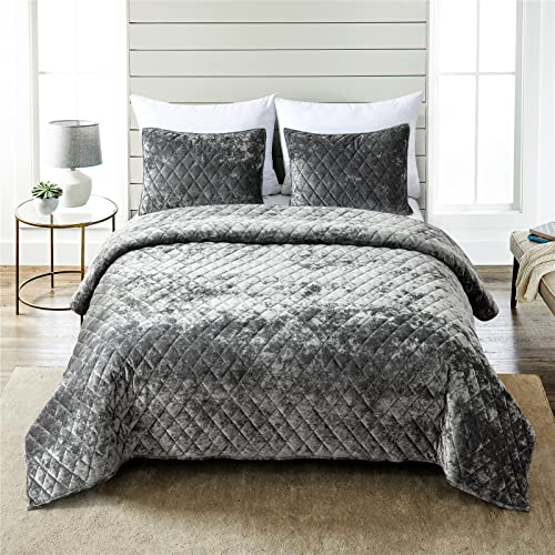 Fredsure Distressed Velvet Quilt Bedding Set, 3 Pieces Grey Queen, Distressed Velvet Face and Brushed Microfiber Reverse with Diamond Quilting