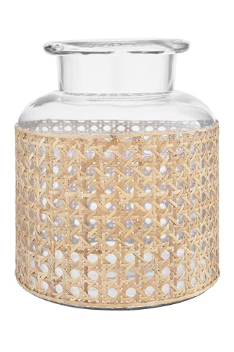 Bloomingville Round Glass Jar Vase with Decorative Cane Sleeve, Clear and Natural