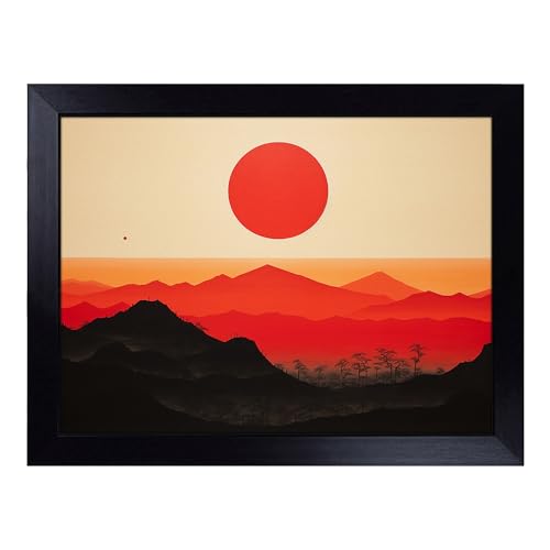 Lap Tray with Bean Bag Cushion, Japanese Sunset Minimalism - Handmade in the UK, Raised Wooden Edge, Padded Cushion, Heat-Resistant Wipe-Clean Surface, for Meals, Laptops and Crafts