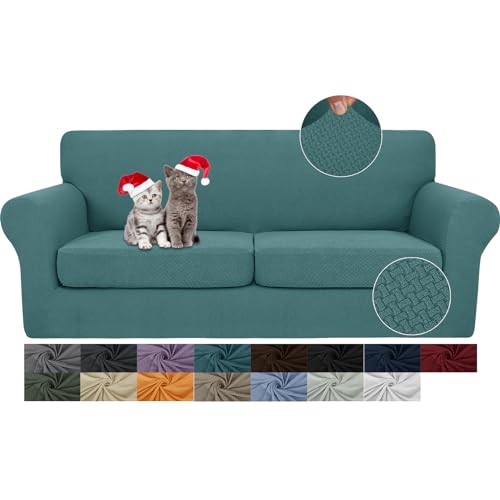 JIVINER 3 Pieces Couch Covers for 2 Cushion Couch Stretch Sofa Slipcover with 2 Extra Large Seat Cushion Covers Thick Fitted Loveseat Sofa Covers for Living Room (XL Loveseat, Peacock Blue)