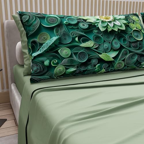 PETTI Artigiani Italiani - Cotton Sheets with Pillowcases in Digital Print, Double Maxi, Complete Top and Bottom Sheet with Corners, Floral 05 22 Sage, 100% Made in Italy