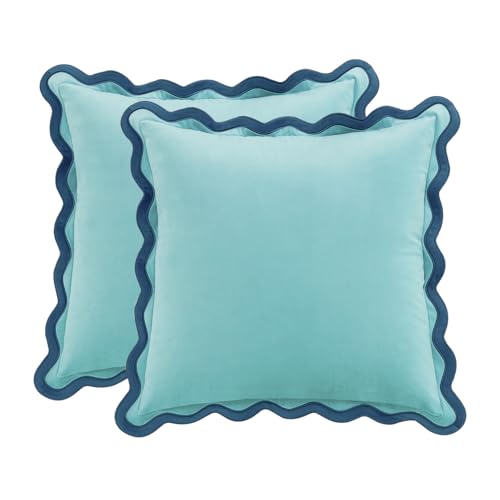 MONDAY MOOSE Decorative Throw Pillow Covers Cushion Cases, Set of 2 Soft Velvet Scalloped Wavy Edge Designs, Mix and Match for Home Decor, Pillow Inserts Not Included (Blue/Light Blue, 20x20 inch)