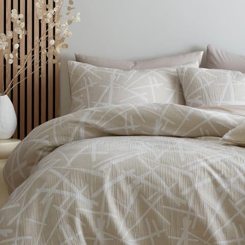 Appletree - Natural & White Geometric Duvet Cover - Single Bedding Size (140 x 200cm) - 1 Pillowcase - Easy Care & Washable - Contemporary Bedding in Natural - Crinkle Duvet Cover in Natural
