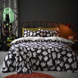 Bedlam - Halloween Spooky Ghost Fleece Duvet Cover - Single Bedding Size (140 x 200cm) - Reversible Design - Soft & Cosy Teddy Fleece in White - Cute Ghost Bedding - Halloween Decorations