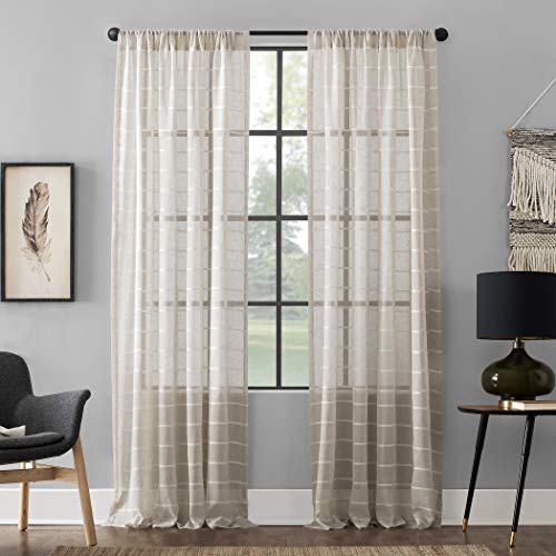 "Clean Window Twill Stripe Allergy/Pet Friendly Anti-Dust Sheer Curtain Panel, 52"" x 84"", White/Linen"
