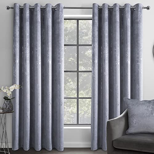 "Sleepdown Marble Effect Velvet Blackout Thermal Insulated Eyelet Curtains for Bedroom and Living Room - Grey - 2x 46"" x 72"" - 2 Panels"