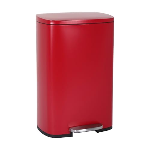 BestOffice 50 L Garbage Can Kitchen Trash Can with Lid for Office Bedroom Bathroom Step Trash Bin Fingerprint-Proof Brushed Stainless Steel???Red