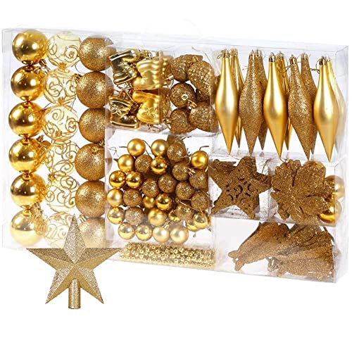 BAKAJI Pack of 102 Christmas Tree Baubles, Stockings, Stars, Pine Cones, Gold, Plastic, One Size