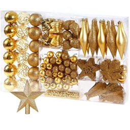 BAKAJI Pack of 102 Christmas Tree Baubles, Stockings, Stars, Pine Cones, Gold, Plastic, One Size