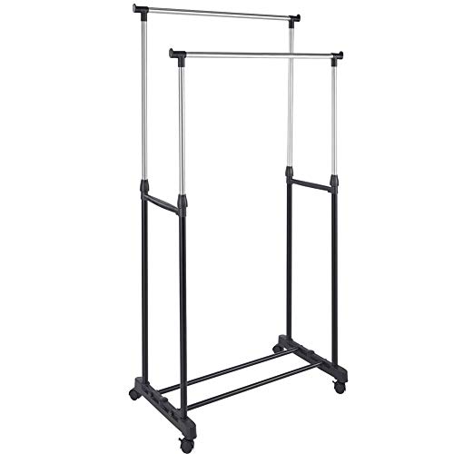 BAKAJI Extendable Standing Coat Stand in Steel Telescopic Extendable with Wheels Coat Rack 80 x 40 x 90/164 cm (Double)