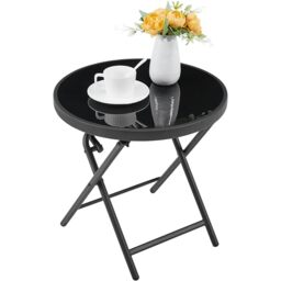 Yaheetech Outdoor Folding Garden Table, Round Patio Folding Coffee Table with Silk Tempered Glass Tabletop, Tempered-glass Table for Balcony Porch Deck, 46cm Dia. x 46cm H, Black
