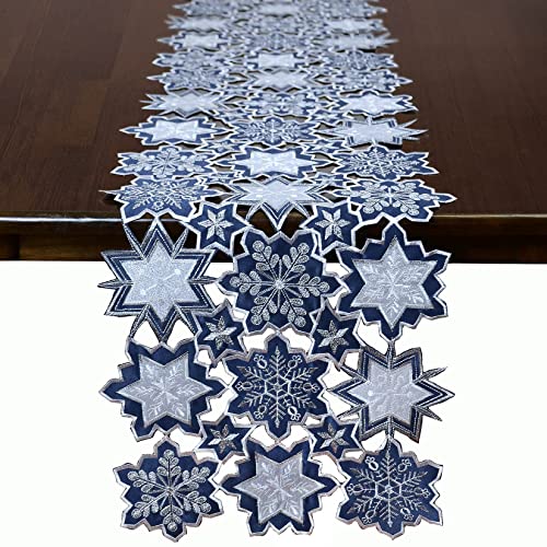 Grelucgo Machine Embroidered and Hand Cut Navy, Silver and White Snowflakes Table Runner for Christmas Holiday and Winter (13.5 x 108 inches)