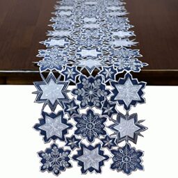 Grelucgo Machine Embroidered and Hand Cut Navy, Silver and White Snowflakes Table Runner for Christmas Holiday and Winter (13.5 x 108 inches)