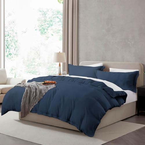Hearth & Harbor Full Duvet Cover Set, Navy Blue - 3 Piece Soft Prewashed Bedding Set, Zipper Closure, Includes 1 Duvet Cover 80x90 Inches and 2 Pillow Shams