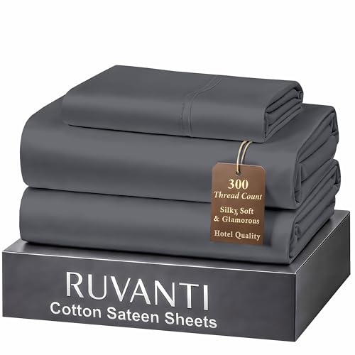 "Ruvanti 100% Cotton Sateen Sheets Twin XL Size, Charcoal - Twin XL Set 300 Thread Count 3 Piece Set, 16"" Deep Pocket, Cooling Bed Sheets For Hot Sleepers, Breathable & Durable"